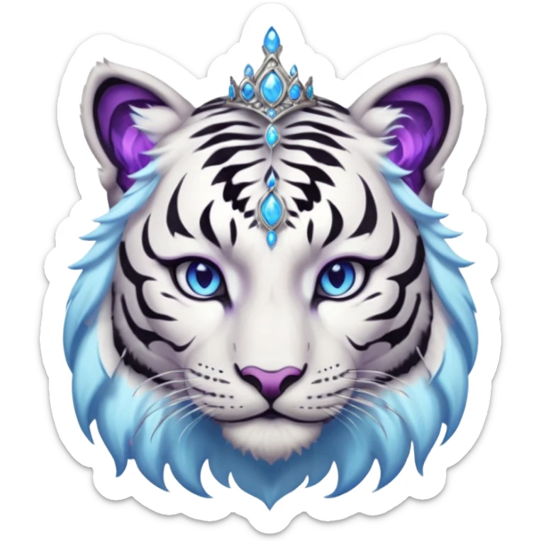 ESO Female white/black tiger khajiit leader of the umbral rose, glowing blue eyes, glowing blue 'third eye' gem; purple gemmed silver tiara sticker