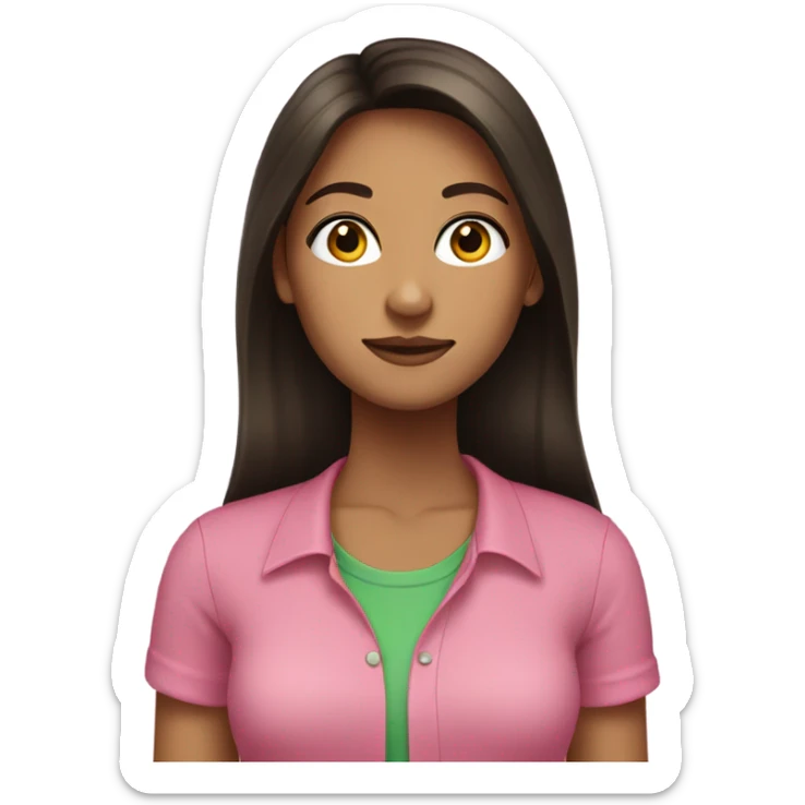 Female young lady with long dark brown hair in pink and green shirt sticker