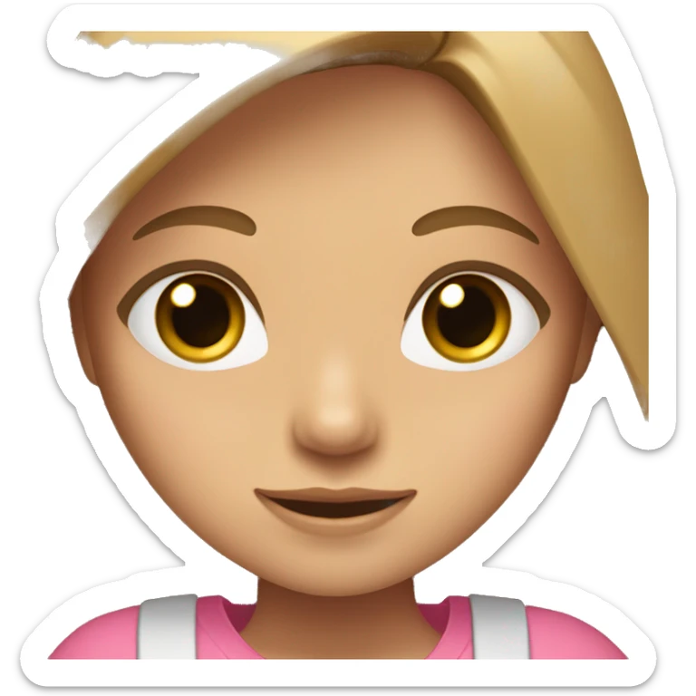A girl with blue eyes and long, hair light brown and a middle part and pink shirt sticker