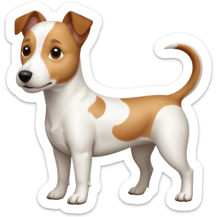 a full body white jack russel looking dog the size of a kelpie with light brown ears and a light brown patch on one eye and a large snout sticker