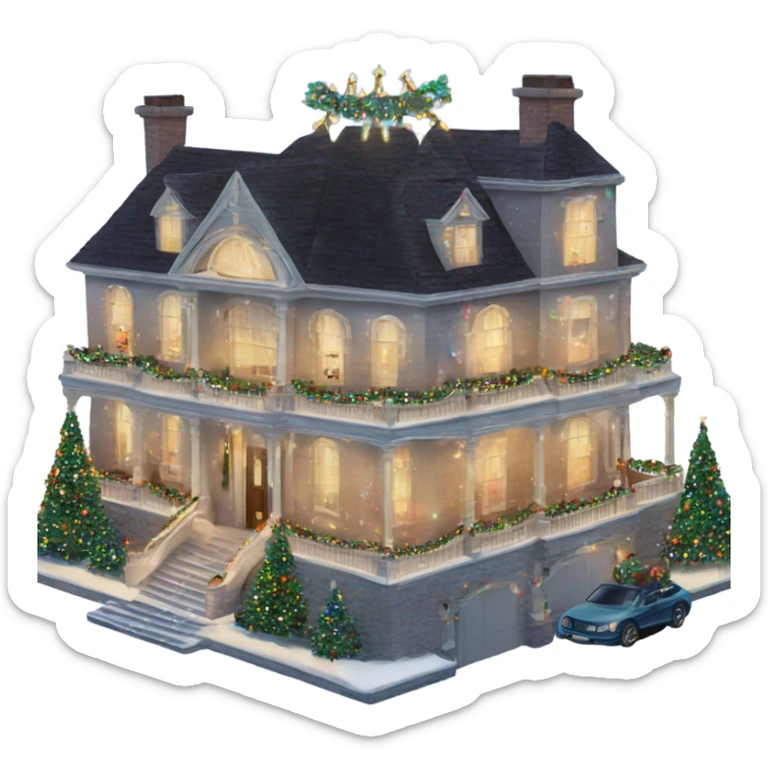 very large mansion overly decorated with lots of fancy Christmas lights and lots of Fancy christmas decorations sticker