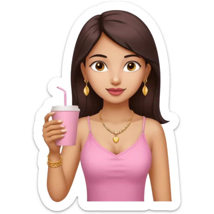 a pretty fair indian bratz girl with a pink cami top, drinking takeaway brown coffee, golden dainty necklace and carrying a white bag sticker