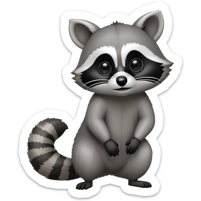 Cinematic-Raccoon-Realistic-hunched Full-Body on all fours-Emoji – Tail flicking lazily, head tilted dramatically, thick grey fur with a signature black mask, sharp and alert ears, simplified yet realistic focused features, highly detailed, glowing with an almost sarcastic glow. big black eyes sticker