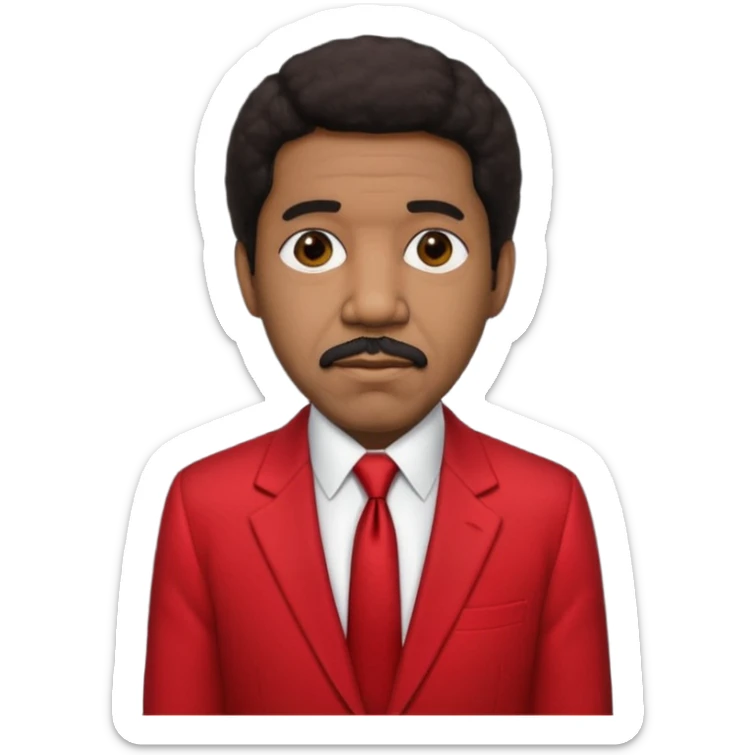 Richard Pryor with dark brown hair, red suit jacket, black suit shirt with red tie sticker