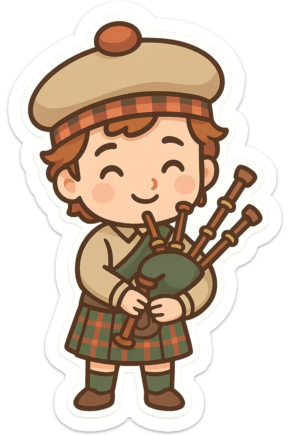Scottish man with bagpipe, wearing a tam o'shanter hat and kilt, standing, smiling, cartoon style, no background sticker