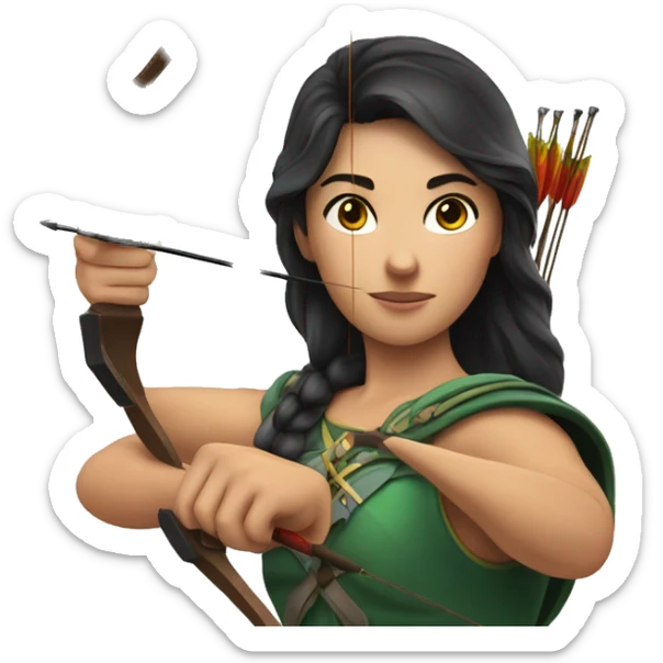 a male archer aiming with a bow in her hand but no arrow, dark hair, bright skin, sticker