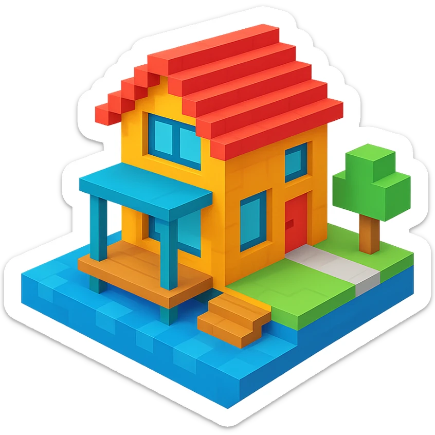 a modern house on a lake in voxel style sticker
