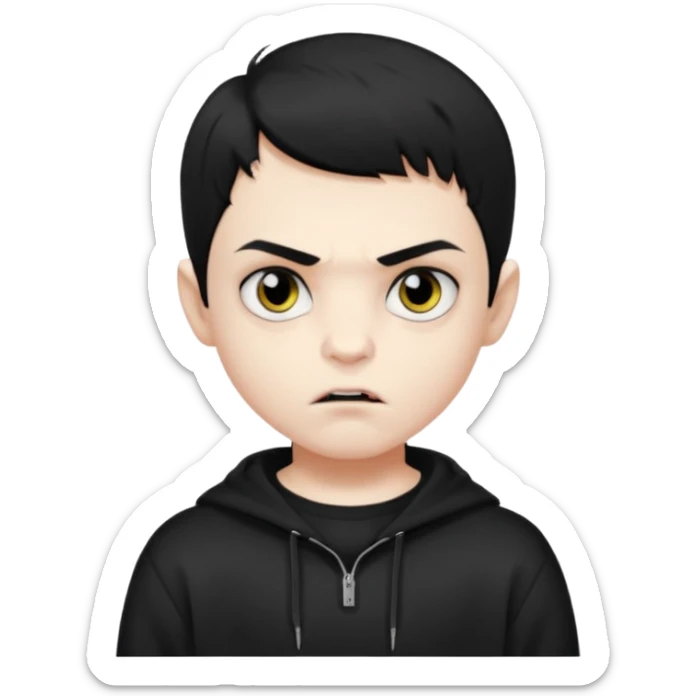 Vampire boy with the short black hair, pale-white skin, black eyes, little fangs and dark circles under his eyes. He has serious face and he wear a black oversize sweatshot sticker