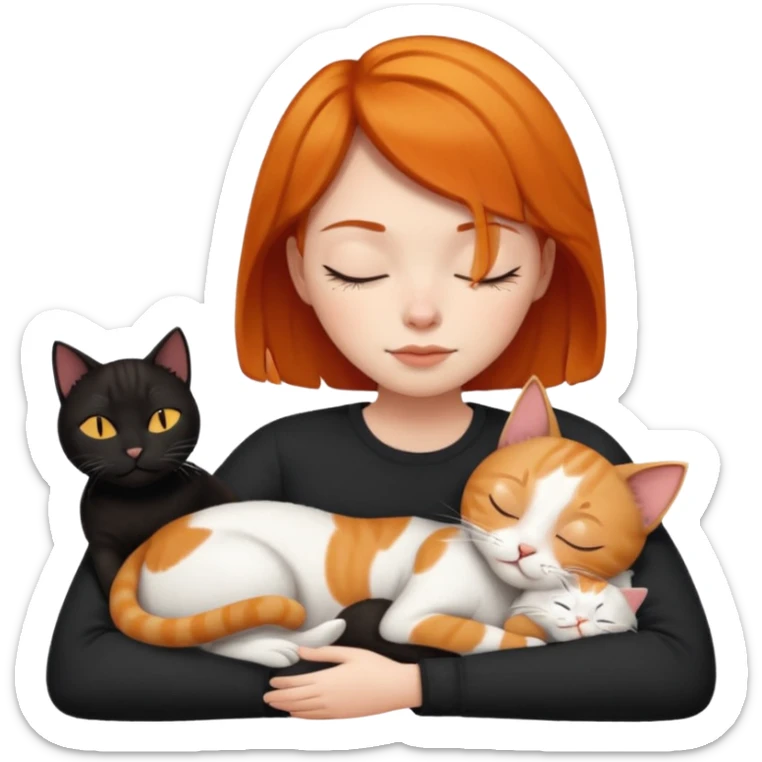 Ginger Girl short hair sleeping with two cats a black and a white bigger cat  sticker