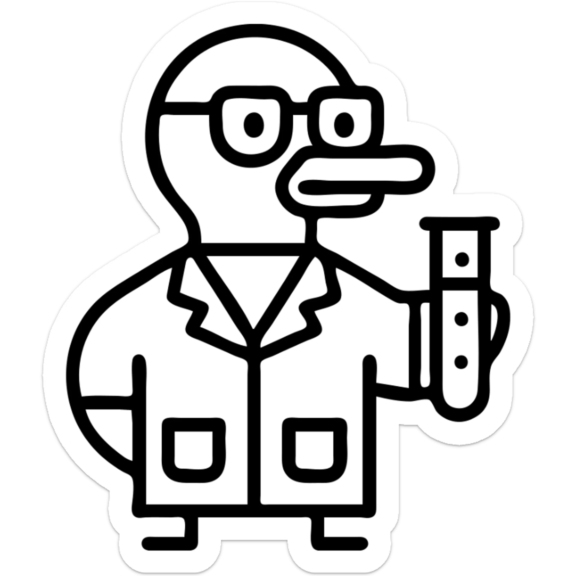 duck in a lab coat with glasses, holding a test tube, icon style, clear outlines, minimalistic design sticker