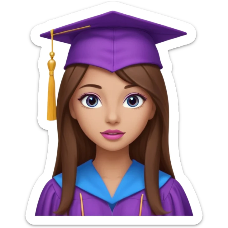 pretty girl with beautiful extremely long brown hair, blue eyes, long lashes makeup, sexy pink lips, wearing a purple graduation cap and gown sticker