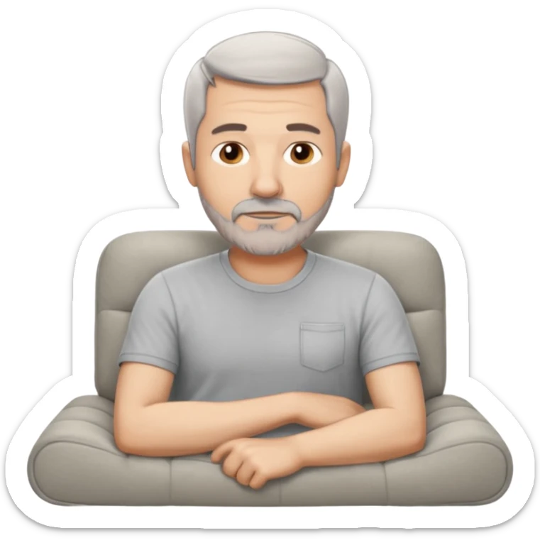 a 50 year man, short grey hair, stubble beard, laying on a ottoman of a light grey cord sofa, front view sticker