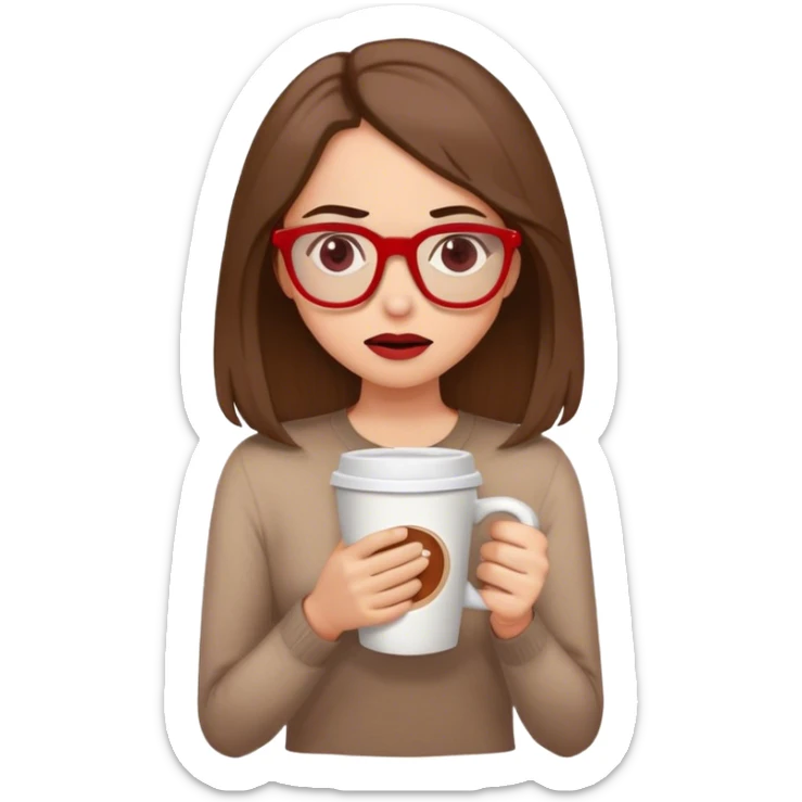 Brown shoulder length hair. Woman, red glasses. Very big coffee. Looks stressed sticker
