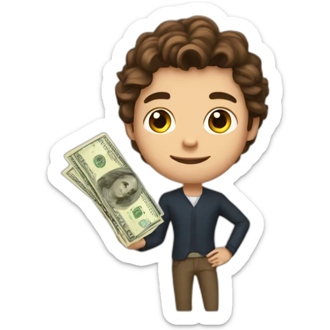 A rich strong teenagers with forward Brown hair and beige skin and with money in his hand sticker