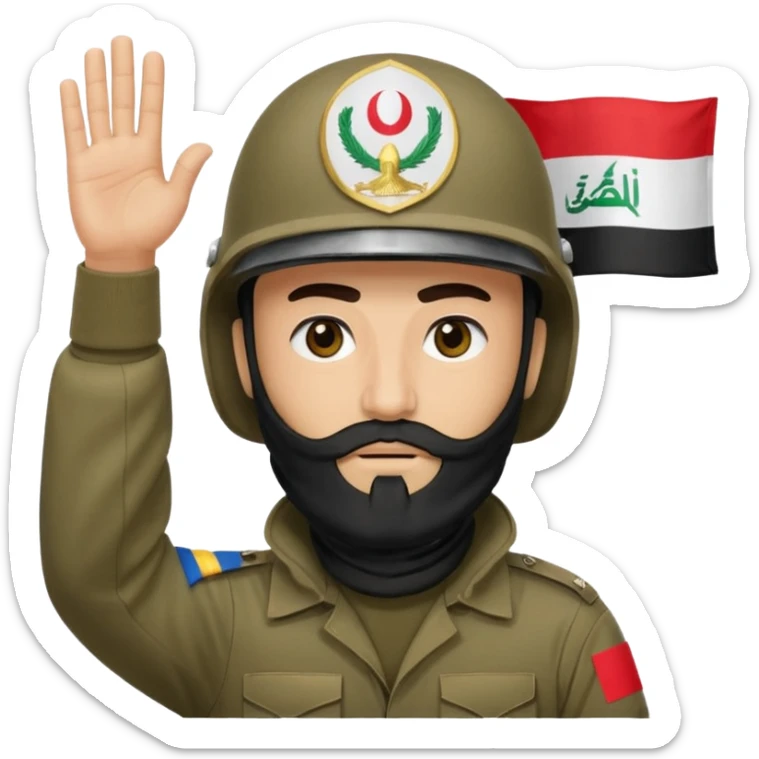 surrenders, depicts an Iraqi soldier from 1980, with a beard, in a helmet, a helmet with sign flag Iraq, with a balaclava, with sad eyes and both hands raised up sticker