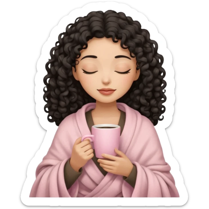 woman with medium sand tone, black long 3b curls, closed eyes, feminine face, holding soft pink coffee cup with beige blanket over shoulders sticker