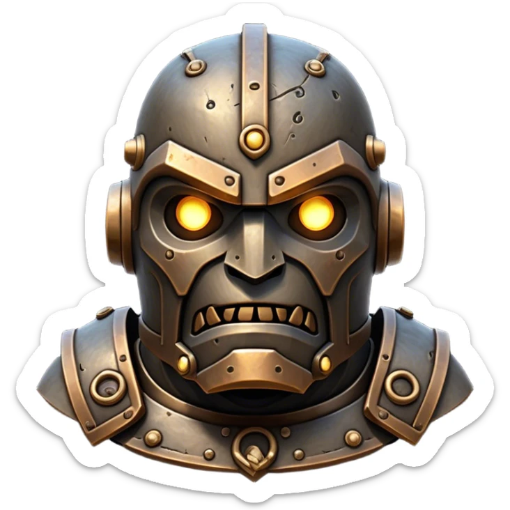 Cinematic Noble Mighty Iron Golem Portrait Emoji Poised and imposing, with a towering, metallic form forged from intricately detailed plates of burnished steel and ancient bronze, etched with faint traces of runes and weathered marks of time. Its piercing, glowing eyes radiate unwavering resolve, casting a solemn and commanding presence; rendered with lifelike texture and natural metallic highlights, high shine, elegant yet indomitable, styled with an aura of legendary endurance, focused and resolute, soft glowing outline, capturing the essence of an eternal guardian, standing vigilant and immovable as if ready to awaken at any moment with unstoppable might! sticker