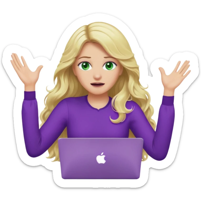 lady with long wavy blonde hair, purple top, green eyes, throwing her with a purple mac laptop hands in the air crying sticker