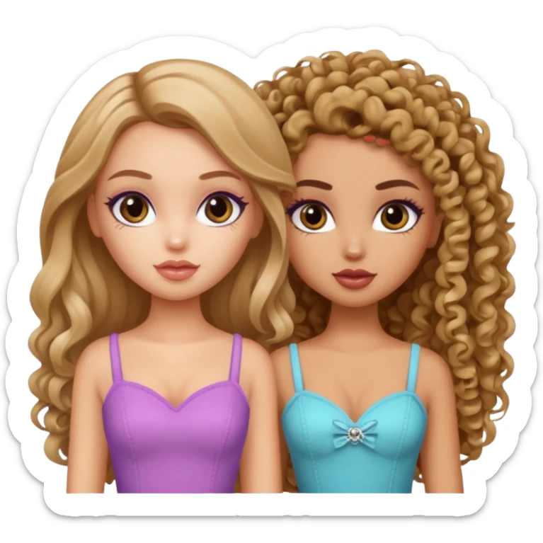 2 pretty bratz fair girls. One has straight hair and is tan. One is fair with curly hair sticker