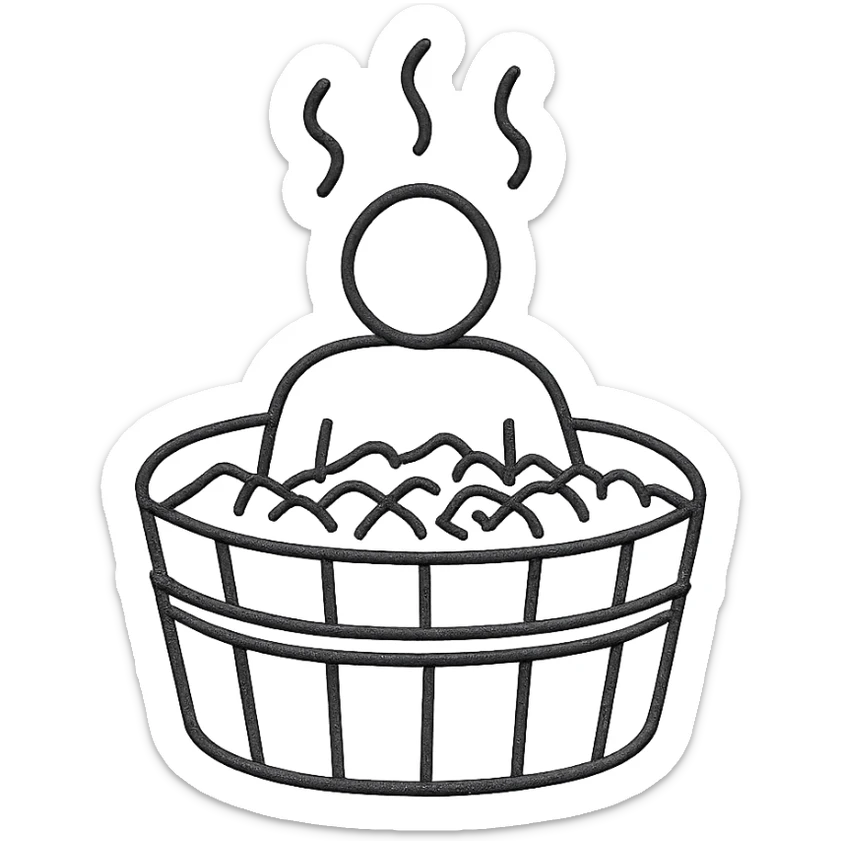 person in a wooden tub filled with ice, steam rising, hand drawn style sticker