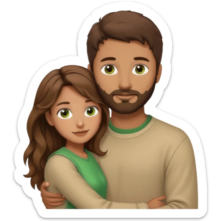 a man with short brown hair and brown beard with brown eyes and a girl with long brown wavy hair with green eyes, togheter. Beige clothes, hugged each other sticker