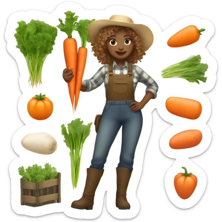 full body farmer girl with curls and curls, holding carrots, light skin, light hair sticker