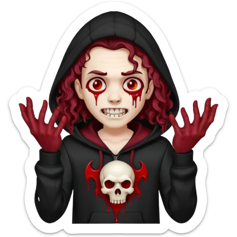 Vampire wearing a black hoodie with a skull logo on it, long curly hair that covers the forehead, fanged teeth and blood on hands sticker