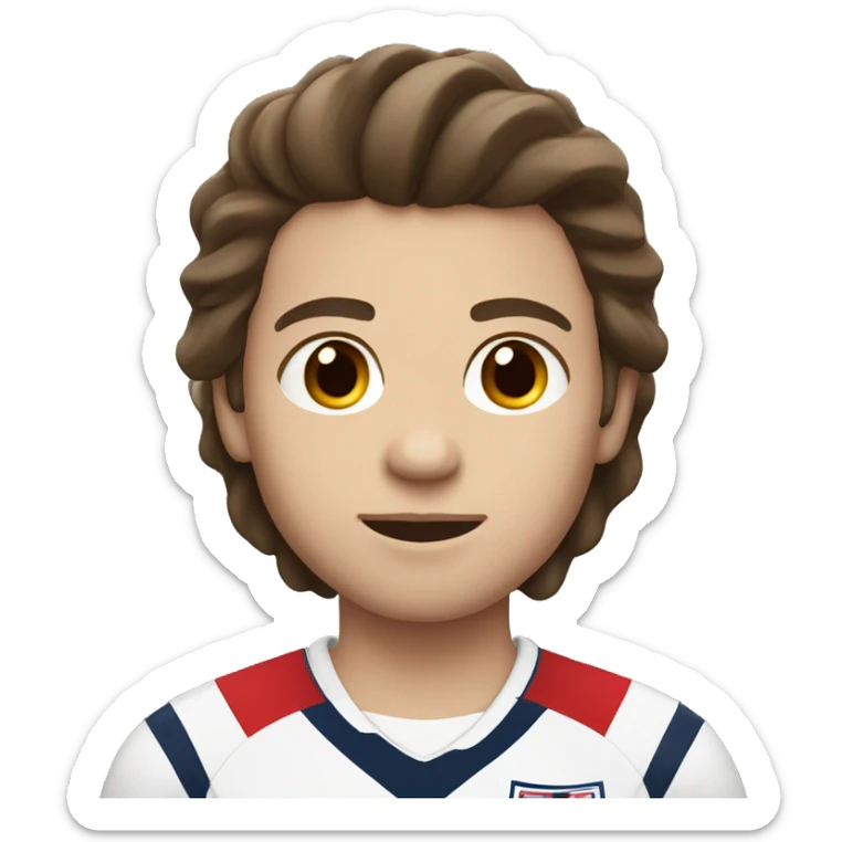 A white person with a England football jersey on dark brown neat hair who is a boy sticker