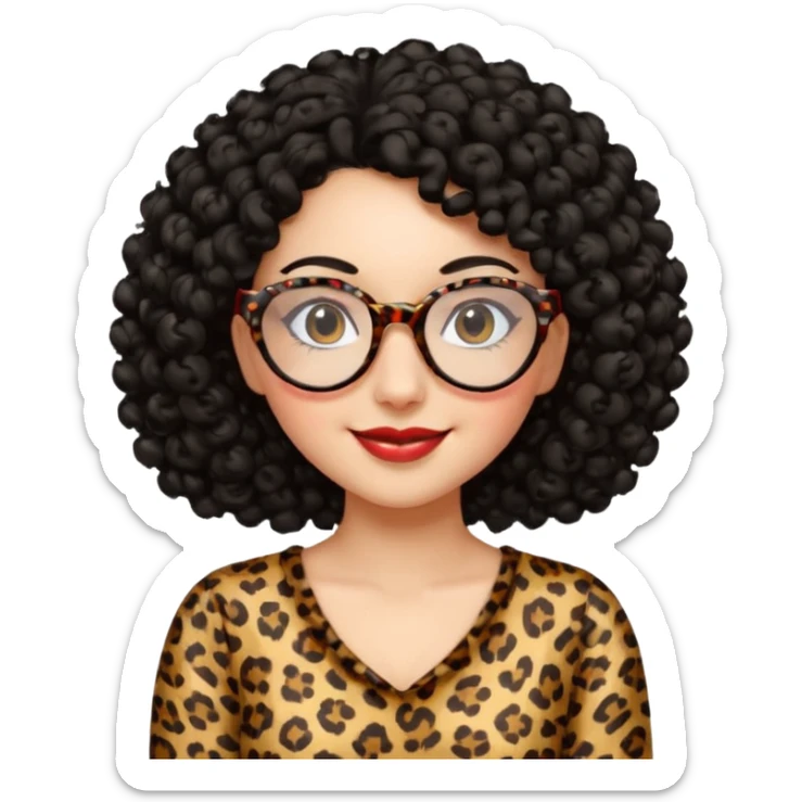 A women with a black curly hair and heart glasses, leopard print dress sticker