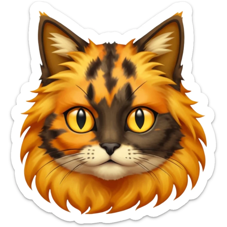 long hair tortoiseshell cat with a black face and yellow lightning mark above nose sticker