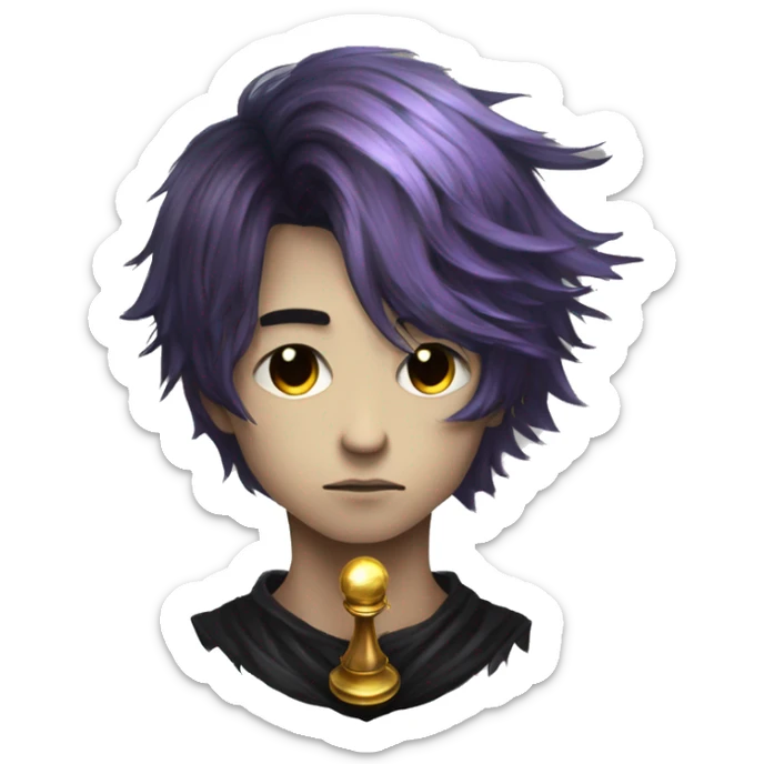 Hamlet young skinny sad man iridescent hair wearing raven feathers with a gilded hourglass and golden flames yin yang chess board sticker