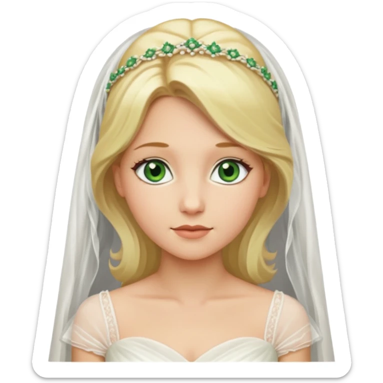 blonde haired green eyed bride in ivory gown  with veil no flowers sticker