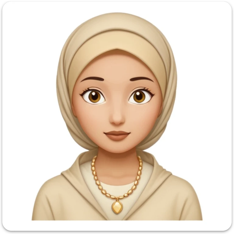 clean girl aesthetic emoji, hijabi woman in a white top and beige hijab, gold necklace, slick bun under hijab, glowing skin, soft beige background sticker