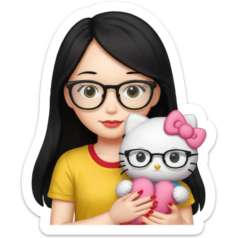 Nails cute with hello kitty wear glasses black long  hair, wear yellow shirt , red nails , big hello kitty sticker