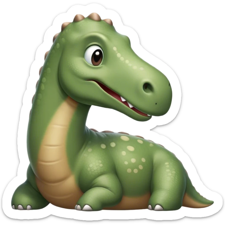 Beautiful and Majestic Brontosaurus Portrait Emoji, Head and body rendered in serene repose with a gentle, confident smile, showcasing its enormous, graceful neck and a massive, textured form with eyes softly closed in tranquil repose, Simplified yet exquisitely endearing features, highly detailed, glowing with a soft, drowsy ancient light, high shine, relaxed and utterly majestic, stylized with an air of timeless prehistoric splendor, soft glowing outline, capturing the essence of a beautiful and majestic Brontosaurus that embodies the serene power of the ancient world! sticker