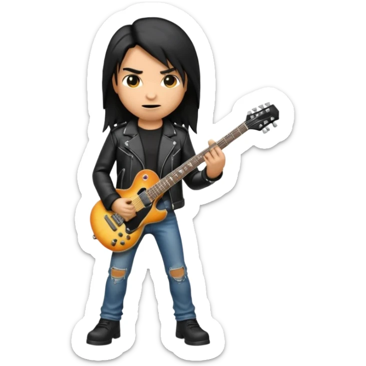 3D Apple-style emoji of a metal musician. Long hair, black leather jacket, ripped jeans, holding an electric guitar. Intense expression, glossy, rounded, smooth, soft shadows, white background.









 sticker