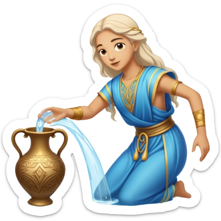The zodiac symbol Aquarius. A mystical beautiful water bearer, pouring water on the ground from a large, intricate, and arcane vase sticker