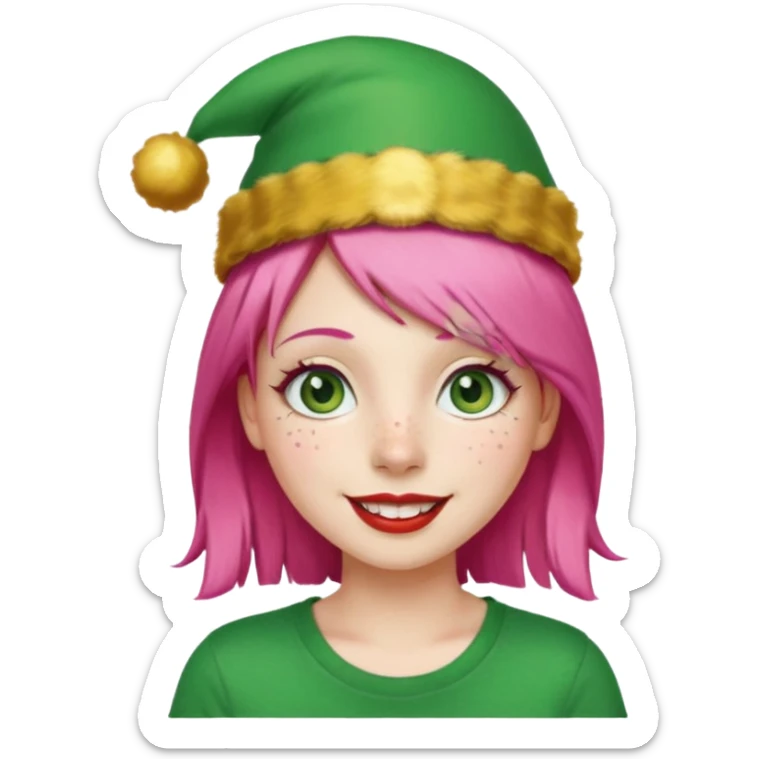Create a girl with pink hair and green eyes with long eyelashes and a smiley face. She has freckles in her face and a lit of bit of lipstick on her mouth, she’s also got gold birthday hat on her head with gold pom poms on top of it, and her T-shirt is red sticker