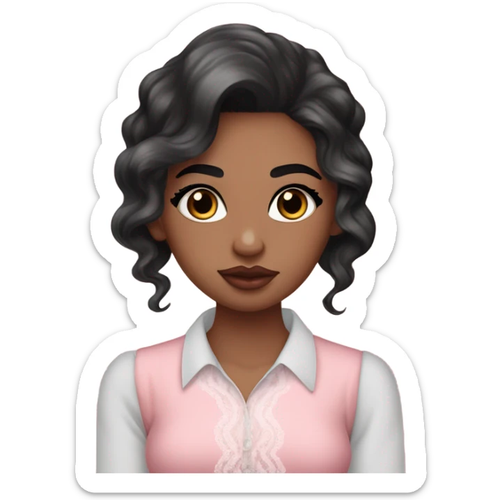 Fair girl with Cupid bow lips and long eyelashes and black eyes straight eyebrows wavy long black hair pink blush on cheeks wearing flare lace shirt  sticker