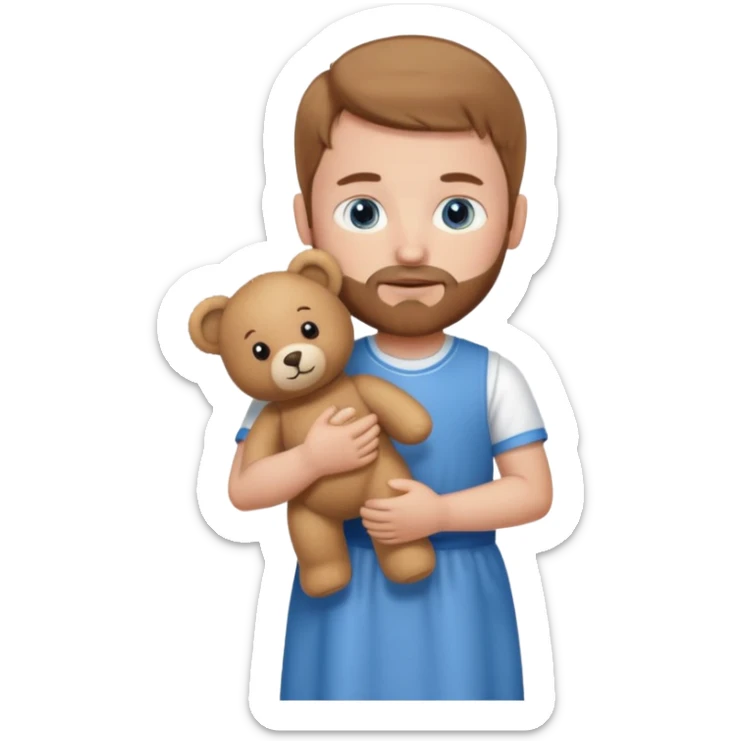 Boy eith light brown hair and a beard, blue eyes, with a dress and a bear in his hands sticker