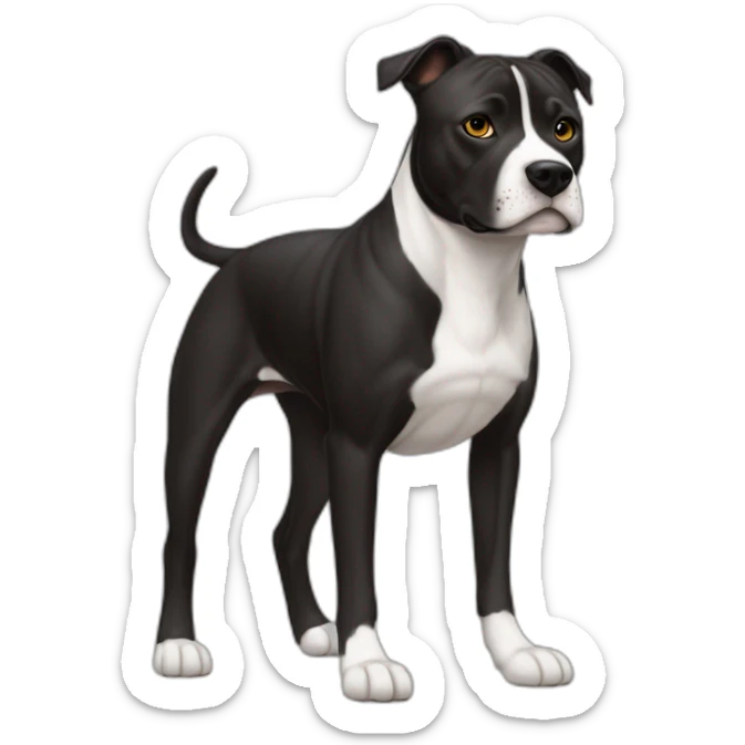 Staffi femmelle noir avec des chaussettes blanche  sur ses  pattes des tache de brunger et un trait blanc sur le museau sticker