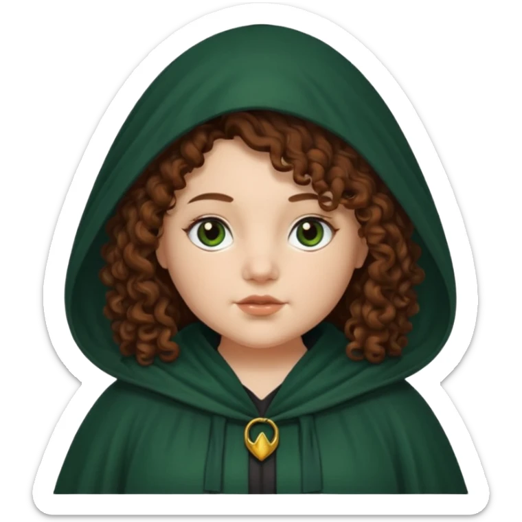 A white woman with a chubby face, with long dark auburn hair, cloaked and hooded like she's a Traitor in the tv show 'The Traitors'. her hair is frizzy curly, not with defined curls, and the robe is a very dark green/almost black color sticker
