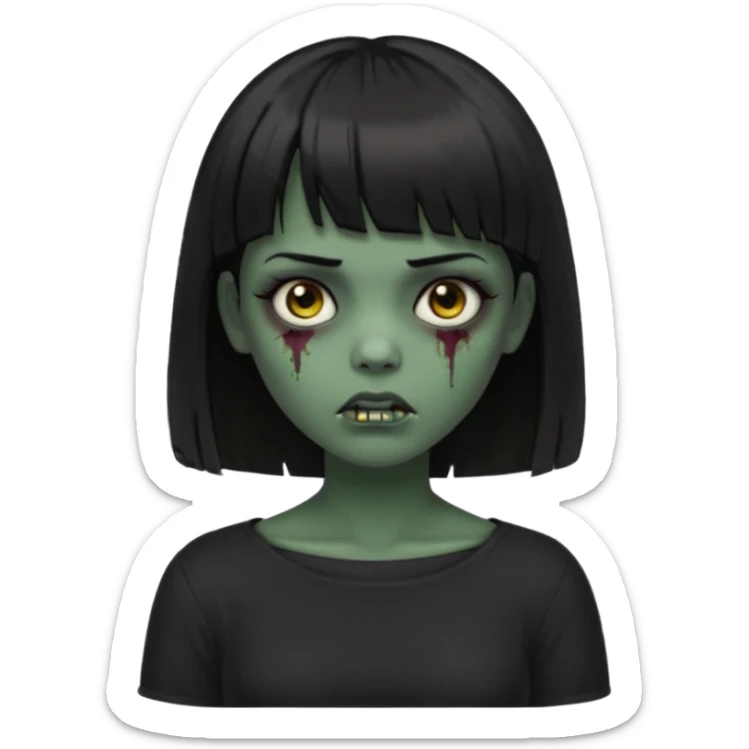 Zombie girl emoji verde escuro com cabelo curto liso preto no ombro e franja na altura da sobrancelha cobrindo completamente a testa, com uma blusa preta, olhos castanhos escuros sticker