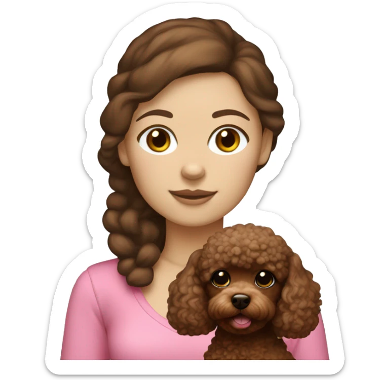 Create a girl with brown hair and white skin with en brown toy poodle  sticker