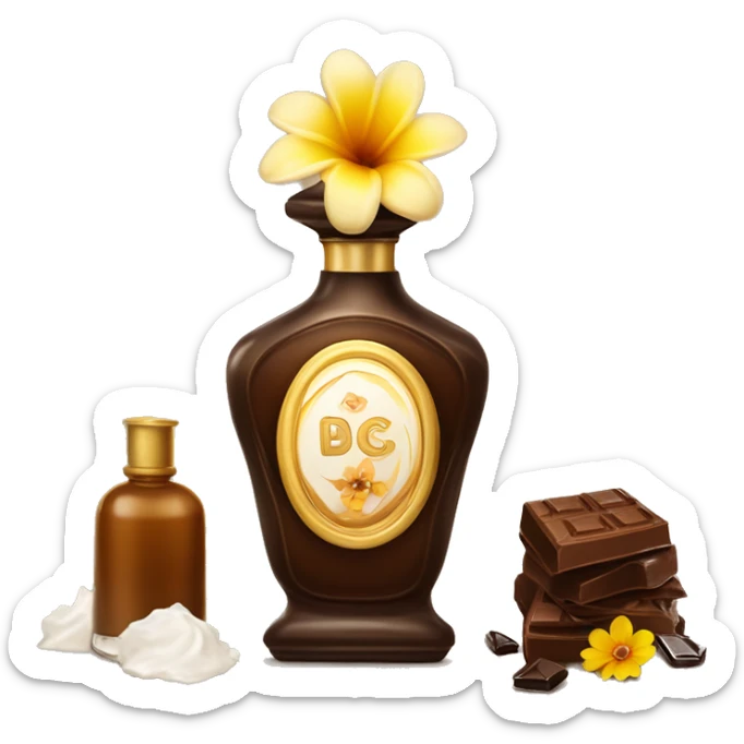 An antique perfume bottle with oil made of bronze and brown crystals, coconut cream and coffee milk flow, chocolate, yellow flowers of fragrant vanilla lie next to it sticker