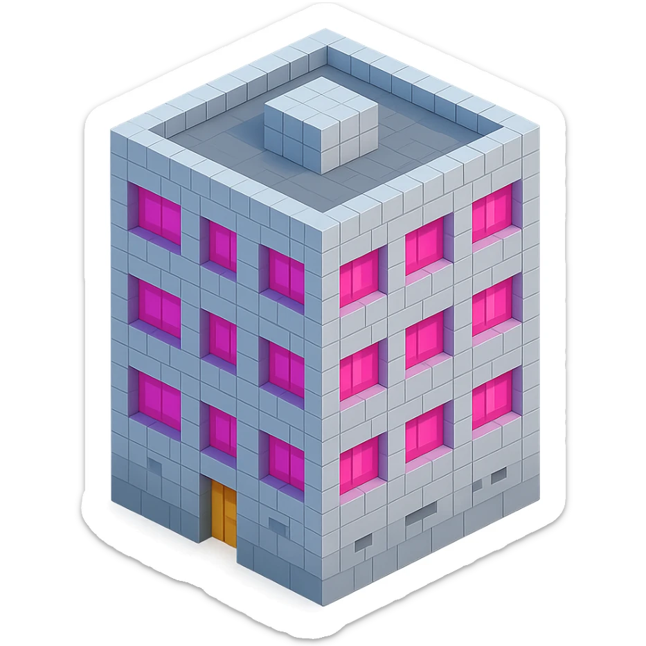 Russian panel apartment building, square block, light gray, large pink windows, isometric view sticker