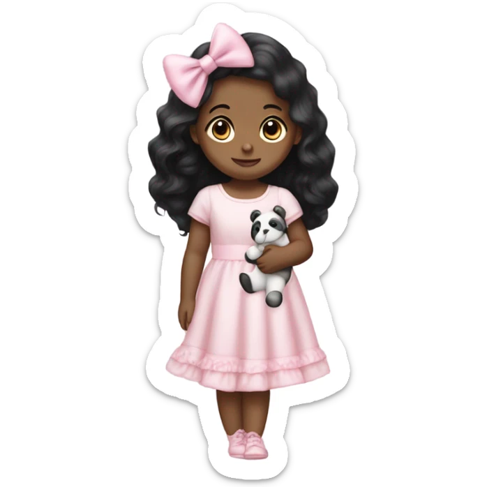 Little  babygirl with White skin,. Long black hair, with light pink bows.  She is wearing a light pink and White dress, holding a teddybear with a pink bow. sticker