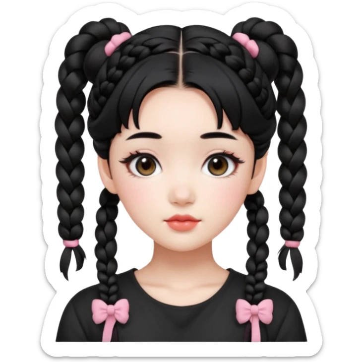 a beautiful girl face, wearing cute korean makeup, black hair, lower braided space buns with cute front bangs, kpop idol sticker