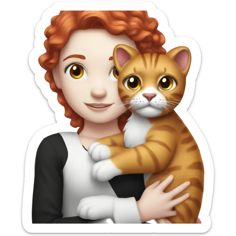Red haired girl holding 1 black and white humongous big cat sticker