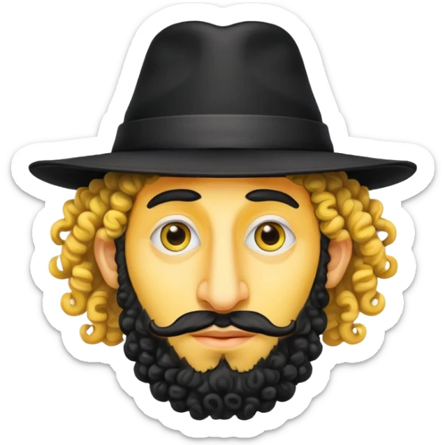 Head of an orthodox Jewish man with yellow skin, a huge nose and curly hair with a black Orthodox Jew hat sticker